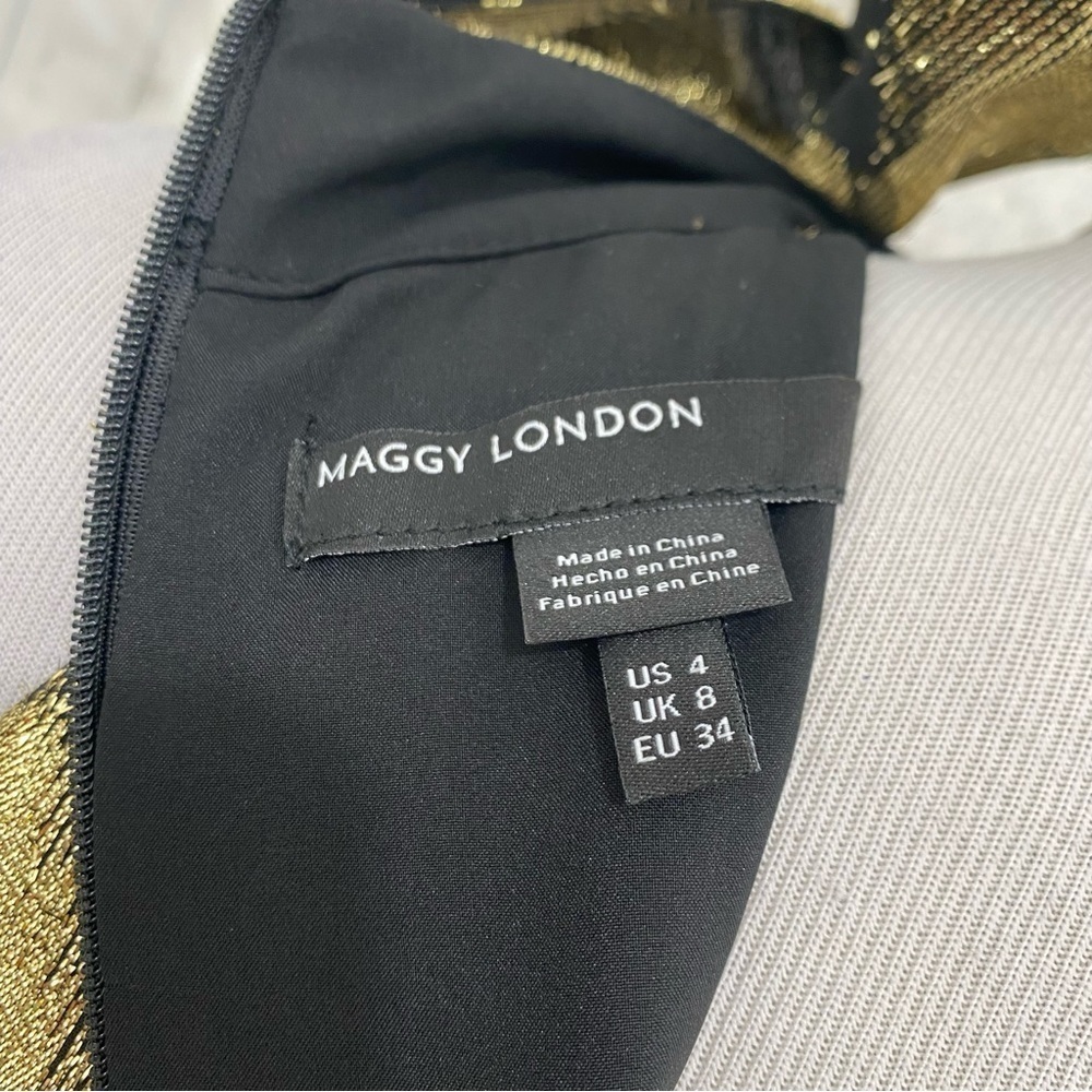 Maggy London Size 4 Metallic Gold Black Plaid Cross Over Halter Dress Fit Flare - Picture 13 of 13